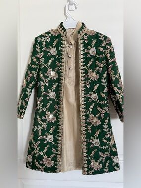 Embroidered Dark Green BOYS three piece sherwani set
